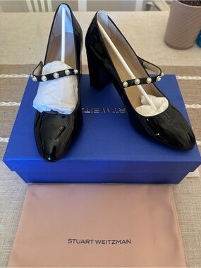 Stuart Weitzman Black Patent Mary Jane Pumps with Pearl-Accent Strap